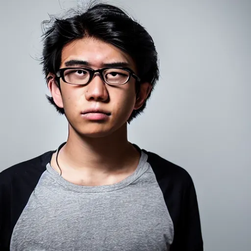 Prompt: portrait of depressed teen, ugly, nerds, hair looks like a helmet, straight stiff dry hair, male, glasses, malaysian, asian, medium hair