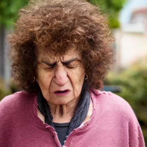 Image similar to astonished older lady looking at smartphone angrily, wild hair, greek ethnicity, angry eyes,