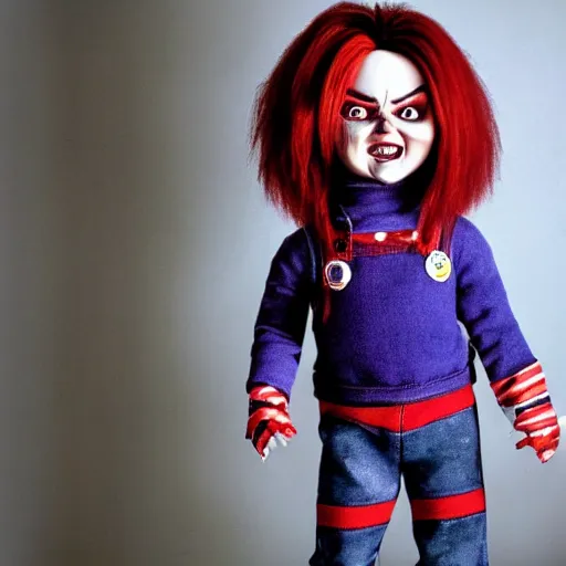 Prompt: female chucky the killer doll standing in the room