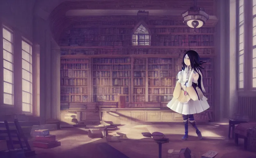 Prompt: magical and mystical, illustrious makinami, school girl wating on a library, octane render, rembrandt, cgsociety, artstation trending, highly detailded