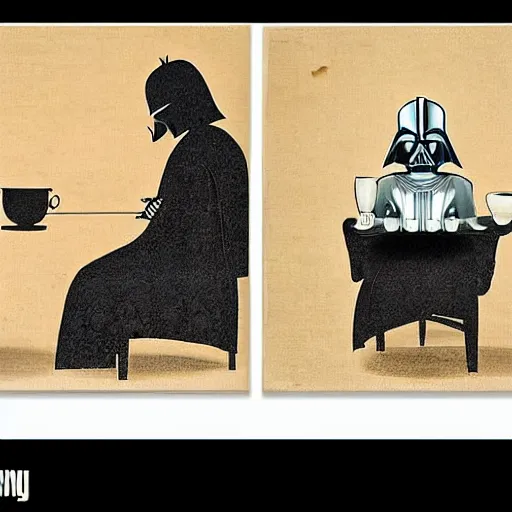 Prompt: darth vader sits on a chair behind a coffee salt on a summer veranda and holds in his hand a small china cup with tea from which steam comes out, in the stylization of paintings of romanticism, detailed facial proportions