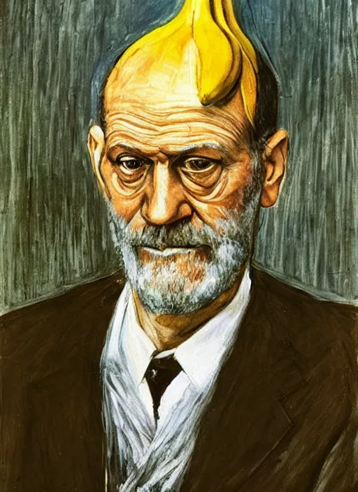 Image similar to “portrait of sigmund freud holding and looking at a single banana, one banana, by Lucian freud, Freudian, visible brush strokes, in oil”