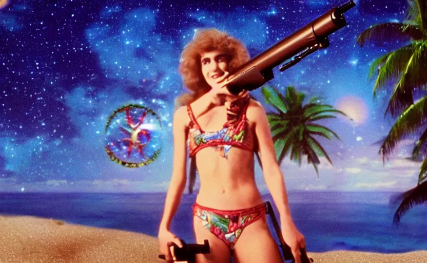 Image similar to 1 9 8 6 vintage movie screencap of a girl with a gun on a mediterranean mansion, gucci clothes, night sky, beach and tropical vegetation on the background major arcana sky and occult symbols, extremely ultra high quality photo 8 k