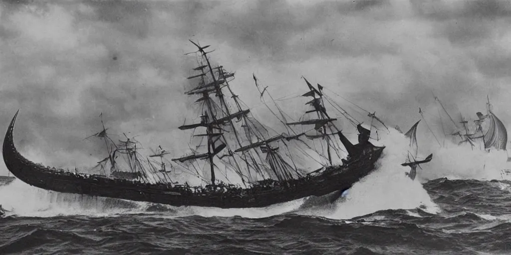 Prompt: a boat being attacked by a sea serpent the sailors are fighting it, 1 9 0 0 s photograph