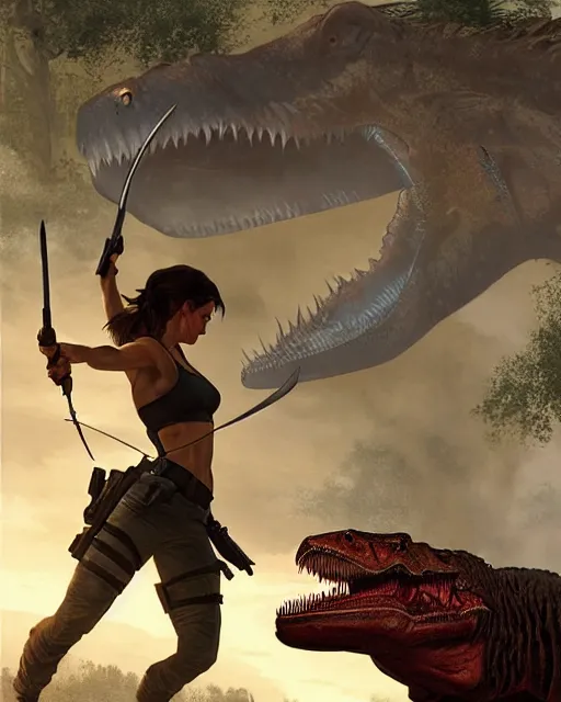 Image similar to lara croft fighting the tyrannosaurus rex | | realistic shaded, fine details, realistic shaded lighting poster by greg rutkowski, magali villeneuve, artgerm, jeremy lipkin and michael garmash and rob rey