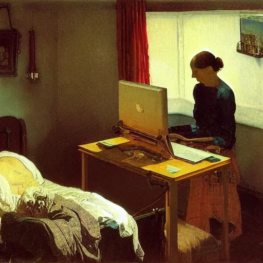 Image similar to elderly cyborg weeping desperate grandma trying to figure out how to order an online pizza sitting in her small room glaring at her lenovo thinkpad laptop t 4 1 0 8 gb ram norman rockwell leonardo da vinci giotto jamie wyeth greg rutkowski winslow homer thomas eakins lucian freud edward hopper j. m. w. turner oil painting anachronistic realism