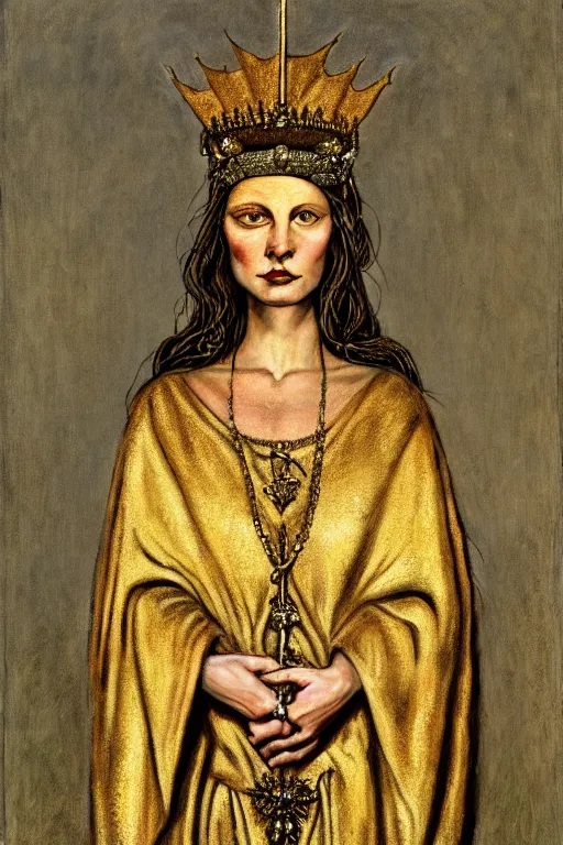 Prompt: Portrait of historically accurate, ancient biblical, sultry, sneering, evil, pagan, wicked, queen jezebel, wearing gilded robes, long hair, intricate, elegant, highly detailed, masterpiece, illustration, art by Andrew Wyeth, highly detailed, trending on artstation, award winning