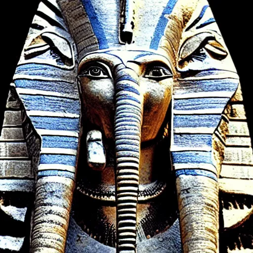 Prompt: the annunaki returned to egypt wearing space suits with egyptian pharaoh head - dresses and breathing hoses that look like elephant trunks - photo, close - up, alien - looking, cyborg, detailed, photo - realism