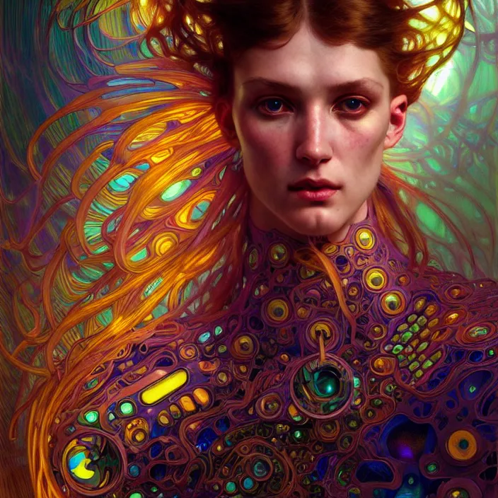 Image similar to bright psychedelic portrait of organic cyborg animal, diffuse lighting, fantasy, intricate, elegant, highly detailed, lifelike, photorealistic, digital painting, artstation, illustration, concept art, smooth, sharp focus, art by John Collier and Albert Aublet and Krenz Cushart and Artem Demura and Alphonse Mucha