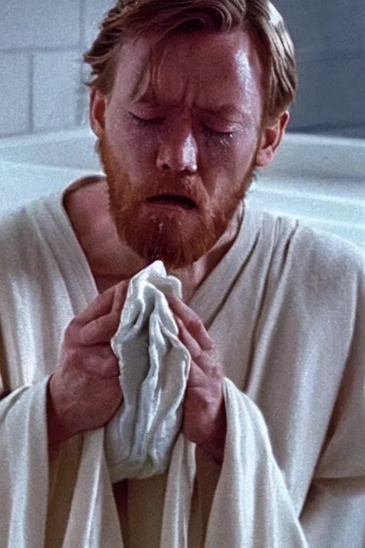 Image similar to Obi-Wan crying with a look of anguish on the toilet after realising there's no more toilet paper