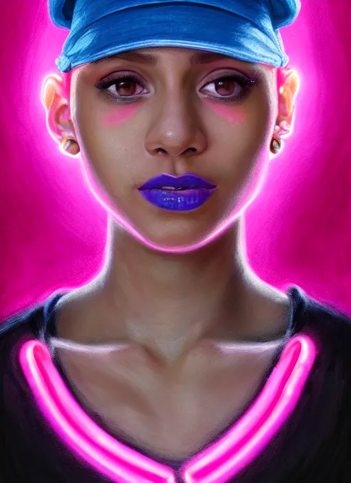 Image similar to portrait of teenage vanessa morgan with bright pink hair, black girl, curly pixie cut hair, wearing newsboy cap, pink short haircut, newsboy cap, hoop earrings, blue eyes, intricate, elegant, glowing lights, highly detailed, digital painting, artstation, concept art, smooth, sharp focus, illustration, art by wlop, mars ravelo and greg rutkowski