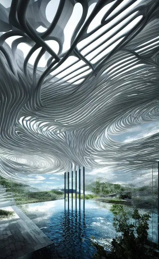 Prompt: villa parametric rhizomorph architecture fluid design, ultra detailed, monochromatic, natural lighting, volumetric lighting, wide angle shot, generative art nebula, cinematic, photo realistic, hyper real, surreal design, flow everywhere, walls made of crystal clear water, black metal, magnesium, vincent callebaut, mamou - mani, 8 k,