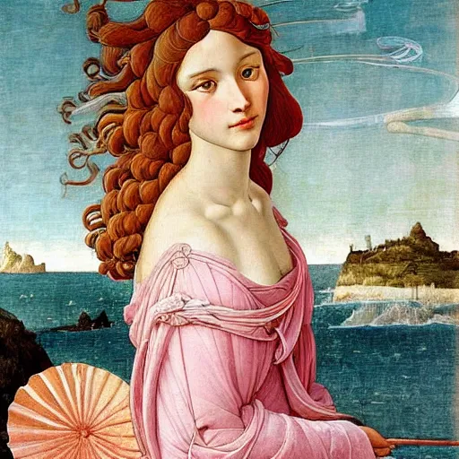 Image similar to an hyperrealistic mythological oil painting of venus with long curly brown hair, full body, wearing pink floral chiton, sleeping in a giant scallop shell, near the seashore, intricate lines, elegant, renaissance style, by sandro botticelli and william waterhouse -