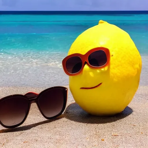 Prompt: an amazing award winning photo of a huge smiling lemon with sunglasses sitting in a beach chair on a beautiful beach resort, masterpiece, very detailed