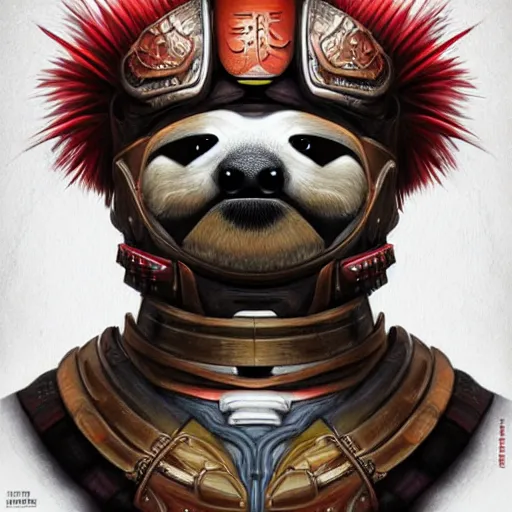 Image similar to graphic, hyperreal, portraiture illustration of anthropomorphic sloth in traditional samurai armor : : digital art, concept art, character development : : illustrated by artgerm, yoji shinkawa, scott buoncristiano, nychos