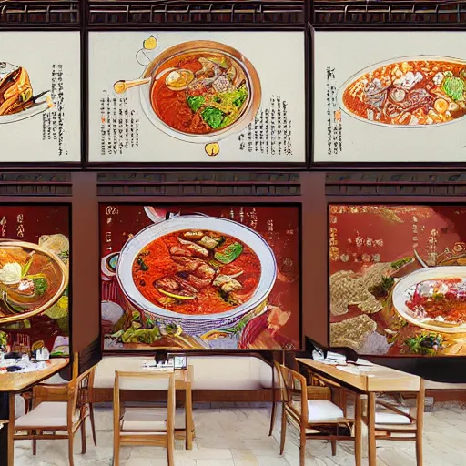 Prompt: a beautiful hyperdetailed 4 k hd wall paper illustration of roasted string hotpot restaurant restaurant yan'an, wall corner, simple style, wall painting, from china, with merchant logo, simple structure, surrealistic, chinese style, victo ngai