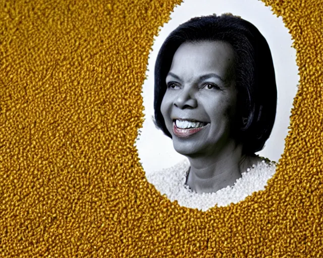 Prompt: color studio photo of condoleezza rice covered in rice, closeup