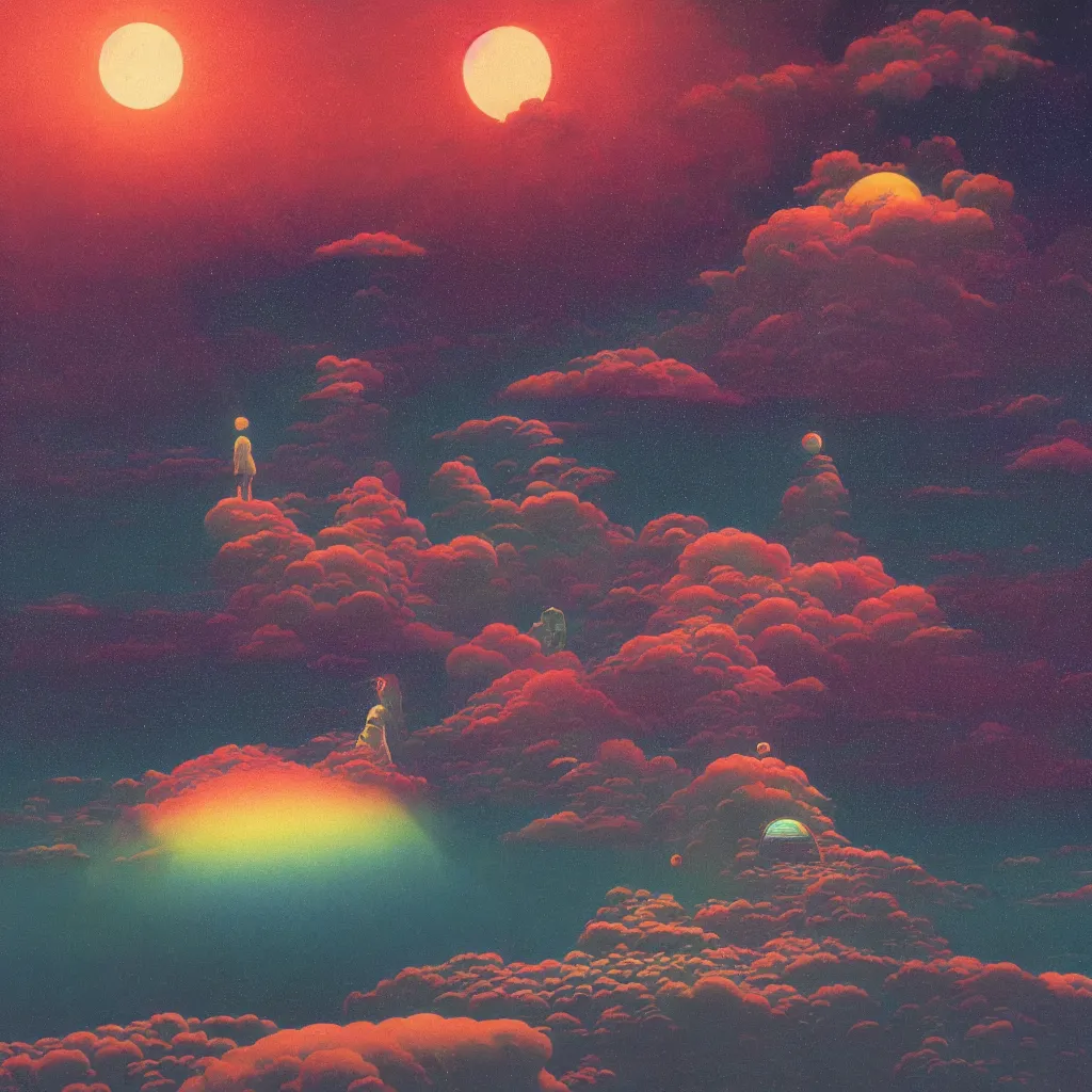 Image similar to a scifi apocalipse in space of a spiritual being dreaming psychedelic hallucinations in cosmos, rainbow colored clouds, by kawase hasui, moebius, Edward Hopper and James Gilleard, Zdzislaw Beksinski, Steven Outram, unreal engine, highly rendered, hd, 8k, artstation