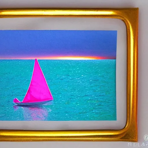 Prompt: a high fidelity pastel coloured Polaroid of a pink sail boat at sea, rainbow, volumetric light, god rays