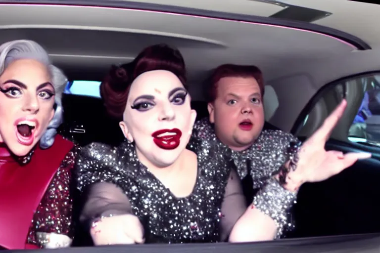 Image similar to lady gaga and judy garland doing carpool karaoke, lady gaga and judy garland, carpool karaoke, lady gaga, judy garland, carpool karaoke, youtube video screenshot, the late late show with james corden, higly realistic, high resolution, dashcam