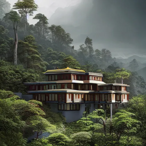 Image similar to modernist house inspired by a tibetan palace, overlooking a valley, big trees, clouds, dramatic lighting, artstation, matte painting, raphael lacoste, simon stalenhag, frank lloyd wright, drone view