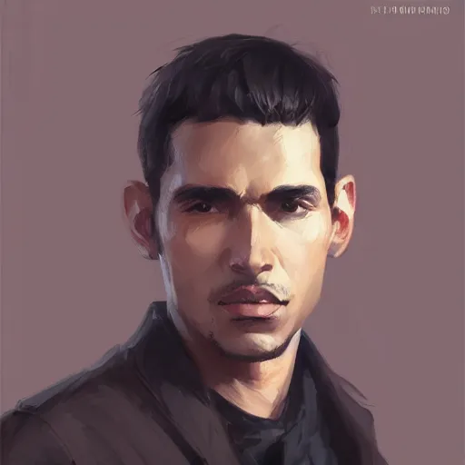 Image similar to portrait of a handsome peruvian man by greg rutkowski, he is about 3 0 years old, short black hair with bangs, very tall and slender, he is wearing a beige and black utility jumpsuit, highly detailed portrait, digital painting, artstation, concept art, smooth, sharp focus ilustration, artstation hq