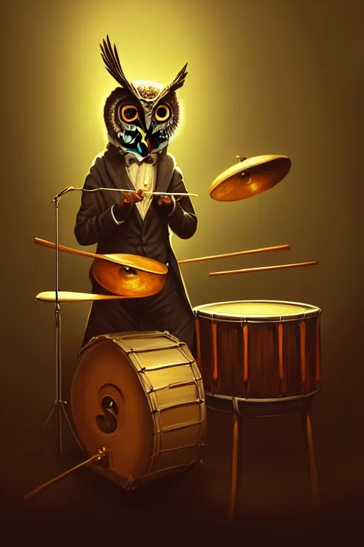 Image similar to portrait of an anthropomorphic owl playing the drums, dramatic lighting, highly detailed, digital painting, artstation, concept art, smooth, sharp focus, illustration, art by wlop, mars ravelo and greg rutkowski