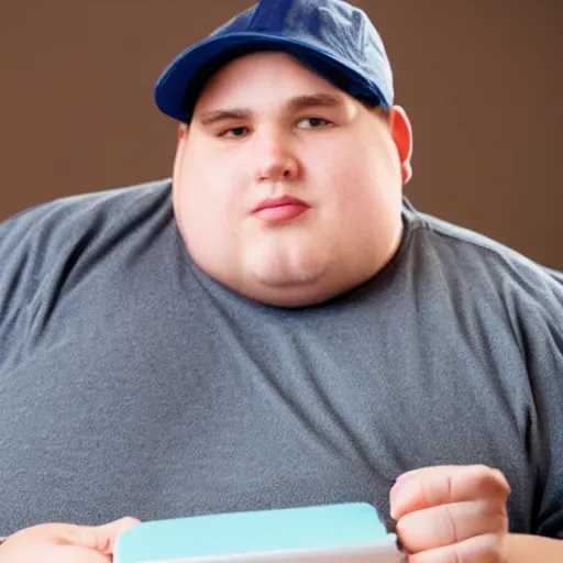 Image similar to very obese man with a t-shirt and a cap with the letter P, dedicating a book