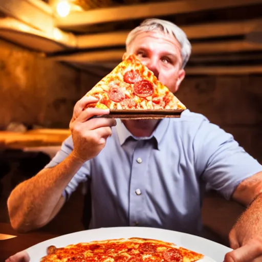 Image similar to gopro footage of a middle aged man eating a slice of pizza in the backrooms, iso 8 0 0, low depth of field, cinematic, volumetric lighting