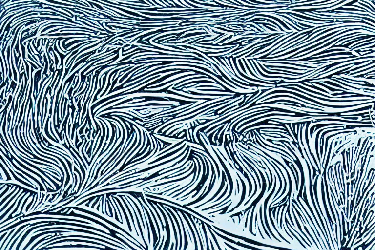 Image similar to reaction diffusion artwork of a winter forest, reaction diffusion linocut, flowing lines