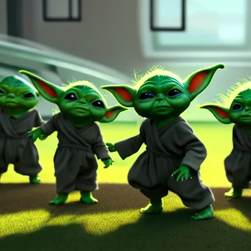 Prompt: baby yoda coaches a soccer team of oompa loompas, lucasfilm, realistic render, trending on artstation, octane render, unreal engine