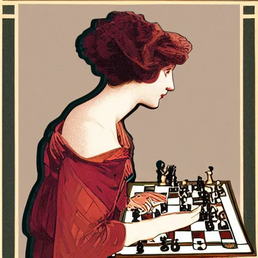 Image similar to a young edwardian woman playing chess, in the style of mucha