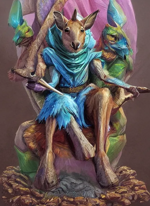 Image similar to kangaroo on a throne, dndbeyond, bright, colourful, realistic, dnd character portrait, full body, pathfinder, pinterest, art by ralph horsley, dnd, rpg, lotr game design fanart by concept art, behance hd, artstation, deviantart, hdr render in unreal engine 5