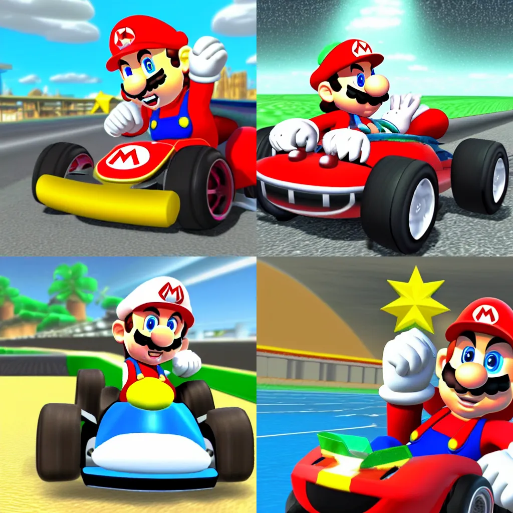 Prompt: Mario riding a fancy car on Mario Kart Wii style