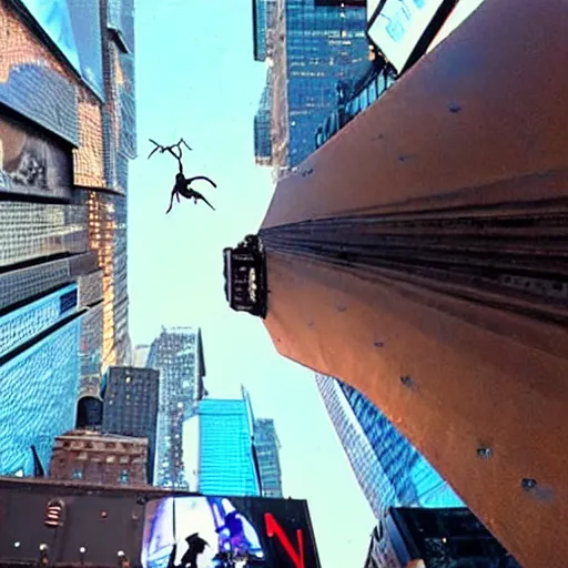 Prompt: looking up at a huge cyborg ant in times square, movie still