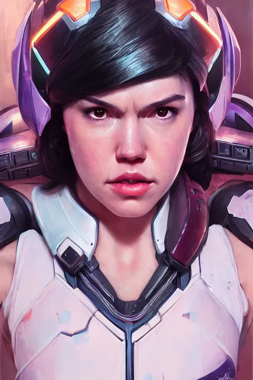 Image similar to Portrait of Daisy Ridley cosplaying as DVA from Overwatch, marvel comics, dark, intricate, highly detailed, smooth, artstation, digital illustration by Ruan Jia and Mandy Jurgens and Artgerm and Wayne Barlowe and Greg Rutkowski and Zdislav Beksinski