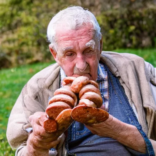 Prompt: an old man with sausages for fingers