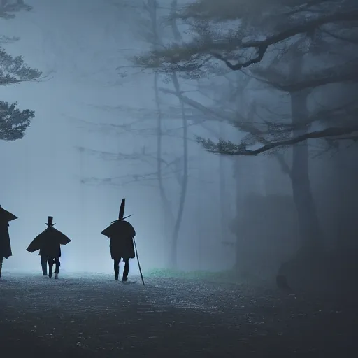 Image similar to a samurai walks with friends through the woods at night, gloomy, dark, foggy, night, ominous, dark color, atmospheric, cinematic lighting, intricate detail?