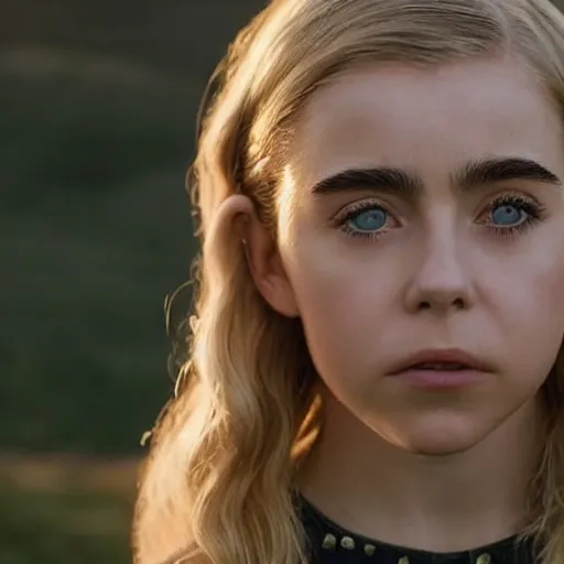 Prompt: close - up photo still of kiernan shipka as sabrina morningstar the witch looking off into the distance, medium - length plantinium blond hair, black dress, golden hour, backlightning, photorealistic, ultra detailed, natural light falling on her face. the focus is on her eyes and brows, fujifilm x - pro 2, by annie leibowitz