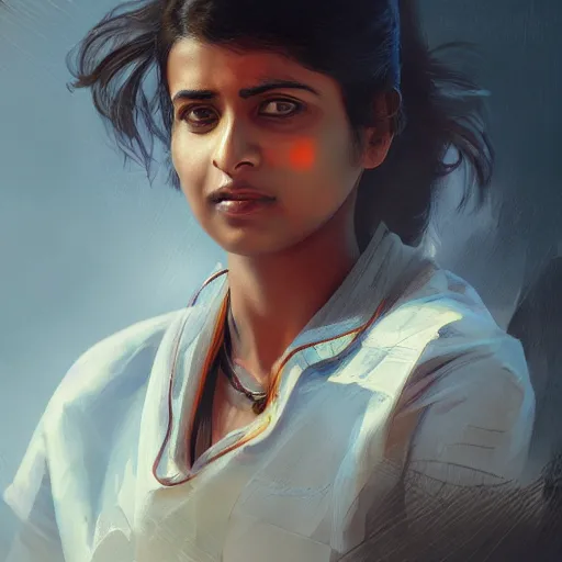 Image similar to Anxious young female Indian Doctor catching a flight, by Cedric Peyravernay, highly detailed, excellent composition, cinematic concept art, dramatic lighting, trending on ArtStation