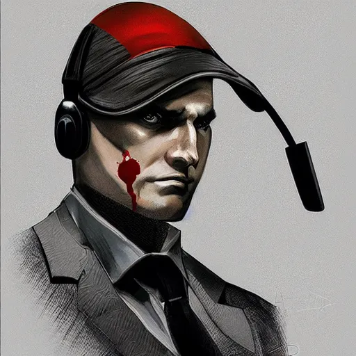 Image similar to a portrait of agent 4 7 from hitman wearing headphones, dark background, red rim light, digital art, artstation, art by yoji shinkawa