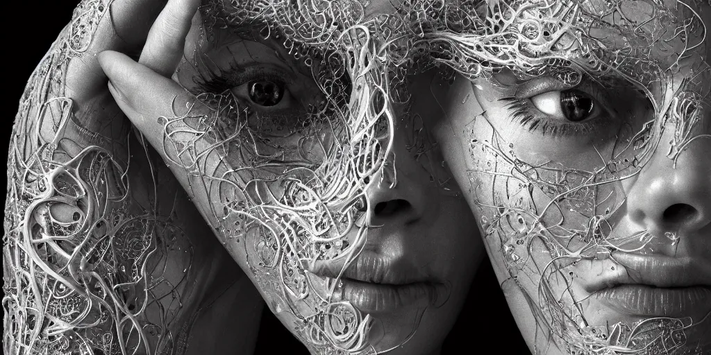 Prompt: realistic photography of a beautiful cyborg androgynous humanoid, hand on chin, holding close, in liquid, intricate filigree, in the style of beth cavener, jin kagetsu, wlop, highly detailed, symmetry, masterpiece, concept art, ringflash, highkey lighting, ambient lighting, octane render, 8 k, artstation