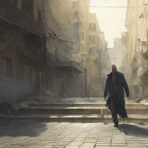 Image similar to painting of an undercover cup, concept art, at europe, mediterranean origin, bald with short beard, max payne, call of duty, city environment in athens, dramatic lighting, digital art, 8 k, extremely detailed, drawn by ruan jia