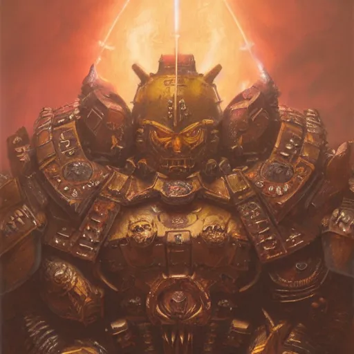 Image similar to warhammer 4 0 k god emperor armor, anthropomorphic shiba inu face visible, stuning 3 d render, masterpiece, glowing black aura, foggy dark, by donato giancola and greg rutkowski and wayne barlow and zdzisław beksinski, realistic face