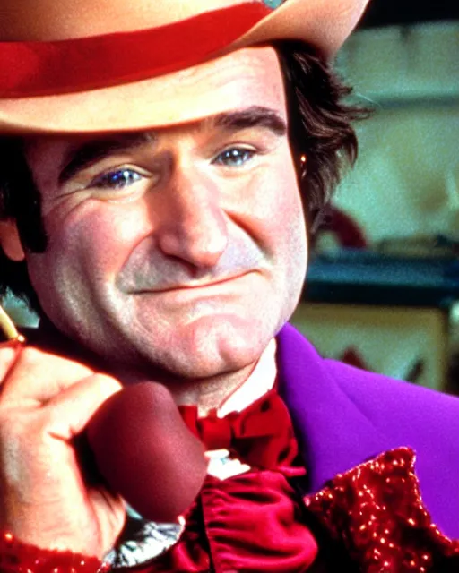 Image similar to Film still close-up shot of Robin Williams as Willy Wonka from the movie Willy Wonka & The Chocolate Factory. Photographic, photography