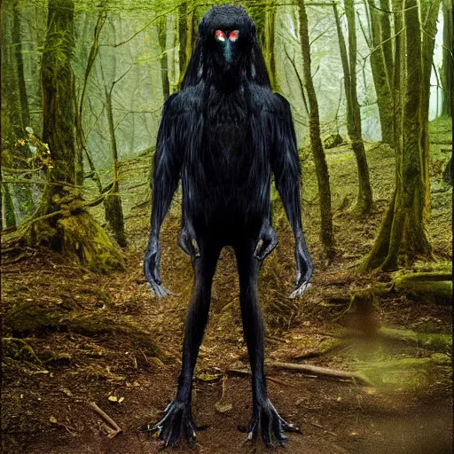 Image similar to ! werecreature that is a mix between human and crow, photograph captured in a forest