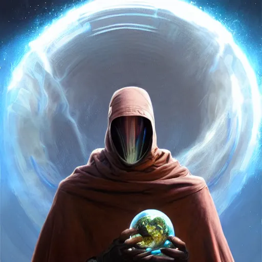 Image similar to masked nomad wearing a cloak on an alien world and holding a holographic planet projection in his hand, detailed, sci - fi, digital painting, artstation, sharp focus, illustration, ominous, artgerm, tomasz alen kopera, peter mohrbacher, donato giancola, joseph christian leyendecker, wlop, frank frazetta