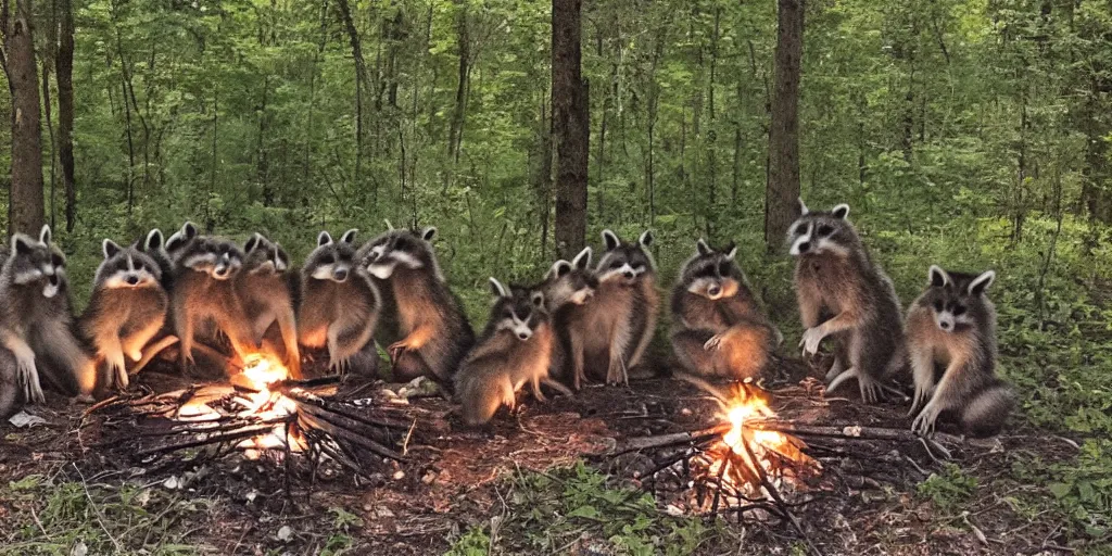 Image similar to a group of racoons sitting around a campfire in the middle of the forest, surrounded by fireflies. photograph