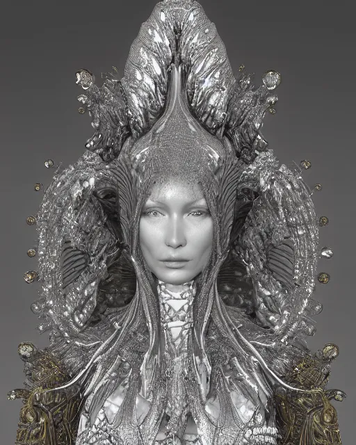 Image similar to a highly detailed metahuman 4 k close up render of an alien goddess bella hadid monument seraphim in iris van herpen dress schiaparelli in diamonds crystals swarovski and jewelry iridescent in style of alphonse mucha gustav klimt trending on artstation made in unreal engine 4