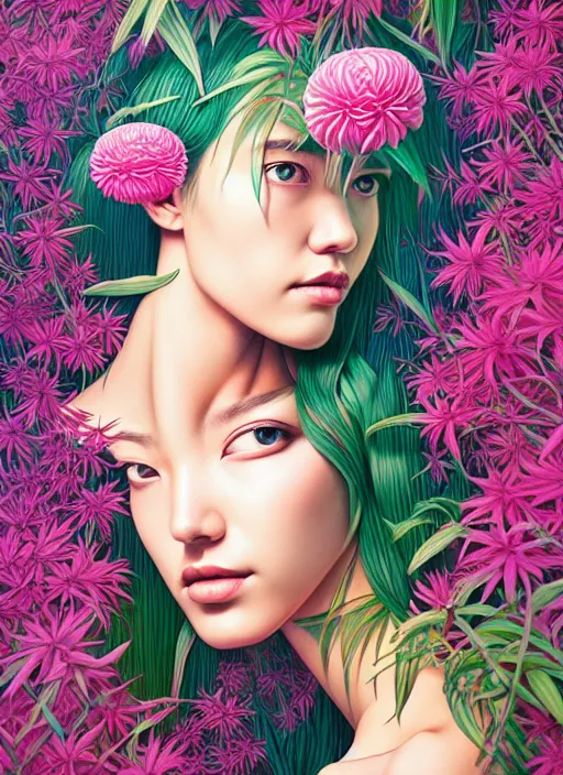 Image similar to gigantic girl head, a lot of exotic vegetation, trees, flowers by junji ito, tristan eaton, victo ngai, artgerm, rhads, ross draws, hyperrealism, intricate detailed